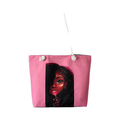 Sac fourre-tout en toile grande taille avec poignée en corde, fermeture ouverte, logo personnalisé, pour la mode africaine des jeunes femmes noires,