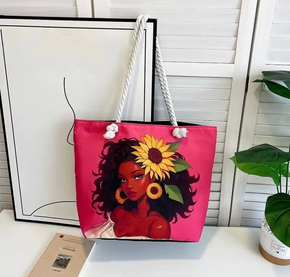 Sac fourre-tout en toile grande taille avec poignée en corde, fermeture ouverte, logo personnalisé, pour la mode africaine des jeunes femmes noires,