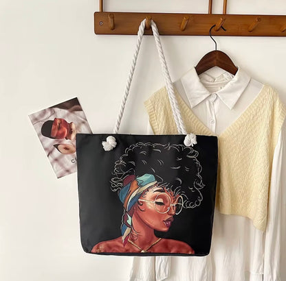 Sac fourre-tout en toile grande taille avec poignée en corde, fermeture ouverte, logo personnalisé, pour la mode africaine des jeunes femmes noires,
