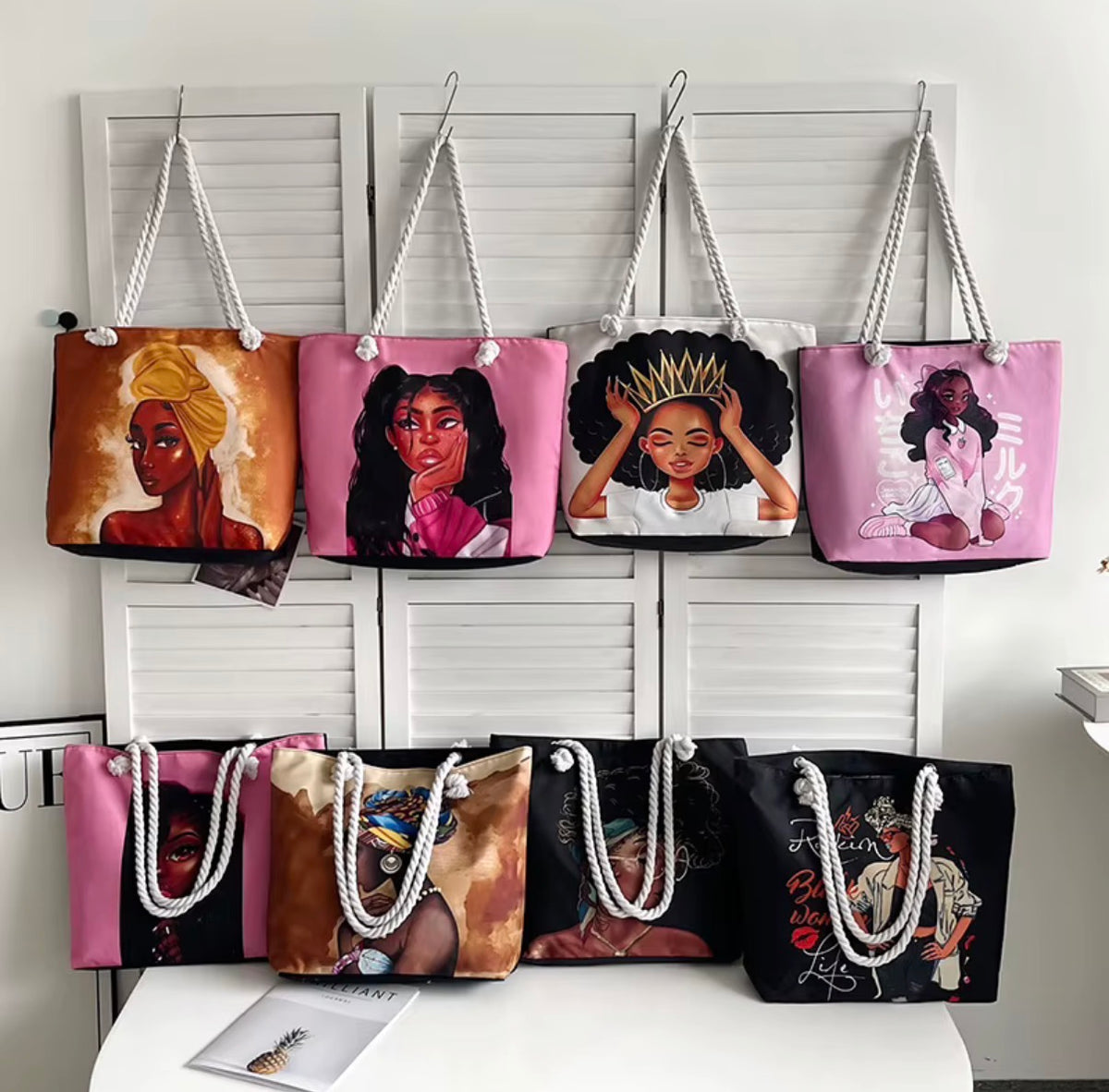 Sac fourre-tout en toile grande taille avec poignée en corde, fermeture ouverte, logo personnalisé, pour la mode africaine des jeunes femmes noires,
