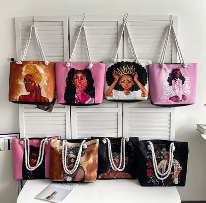 Sac fourre-tout en toile grande taille avec poignée en corde, fermeture ouverte, logo personnalisé, pour la mode africaine des jeunes femmes noires,