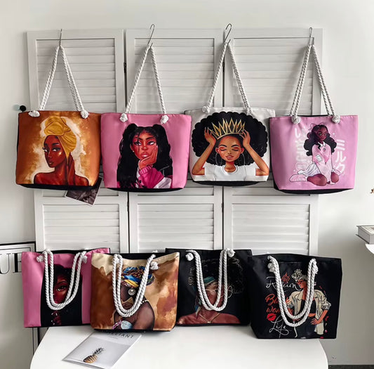 Sac fourre-tout en toile grande taille avec poignée en corde, fermeture ouverte, logo personnalisé, pour la mode africaine des jeunes femmes noires,