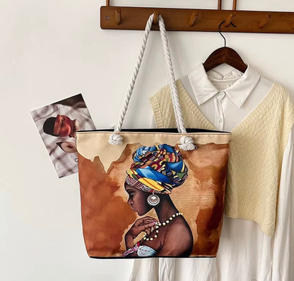 Sac fourre-tout en toile grande taille avec poignée en corde, fermeture ouverte, logo personnalisé, pour la mode africaine des jeunes femmes noires,